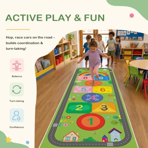 Hop and Count Hopscotch Rug for Kids, Educational Classroom Rugs with Geometric Shapes Number, Non Slip Kids Play Mat Rug Game Carpet for Bedroom Nursery Daycare Boy Girl - Green, 24''x72'' - Image 5