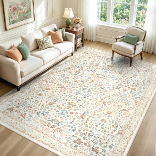 Tosuoka 8x10 Area Rugs Washable Vintage Floral Boho Beige Living Room Rug - Image 2