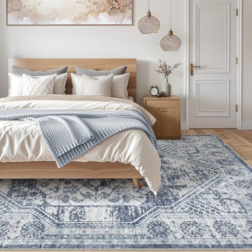 cotiled 5x7 Area Rug for Living Room, Washable, Traditional, Distressed Blue - Image 6