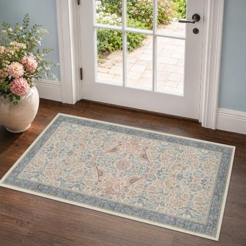 Vintage Boho 2x4 Area Rug for Entryway - Washable Blush Red Slate Blue Kitchen Rug for the Floor, Low Pile Non-Slip Rugs for Bathroom, Floral Bird Pattern Decor & Stain Resistance by HazoHaus