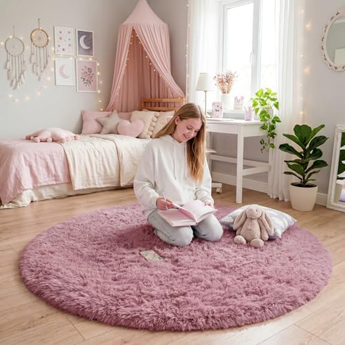 Amdrebio Mauve Pink Big Round Fuzzy Rug 6Ft for Living Room Girls Bedroom - Image 2