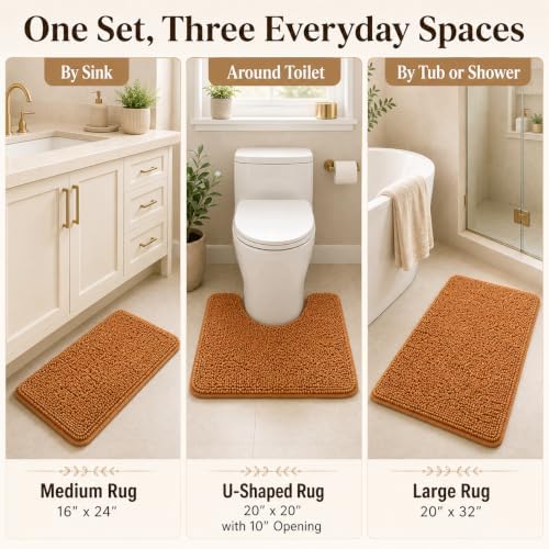 Bathroom Rugs Sets 3 Piece Non Slip Extra Absorbent Shaggy Chenille Batroom Rugs and Mats Sets, Soft & Dry Bath Rug/Mat Sets for Batroom Washable Carpets - Image 4