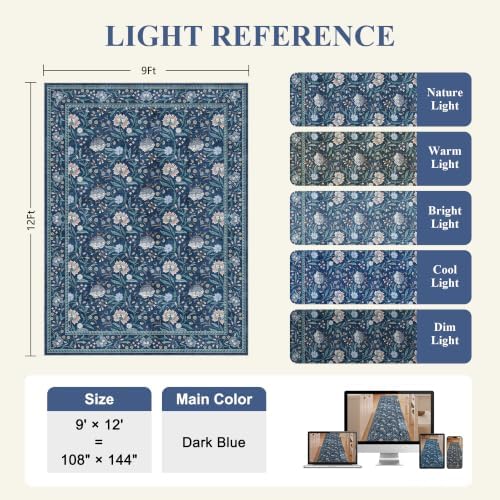 DUKINO 9x12 Area Rug for Living Room Vintage Floral Washable Rug, Dark Blue - Image 2