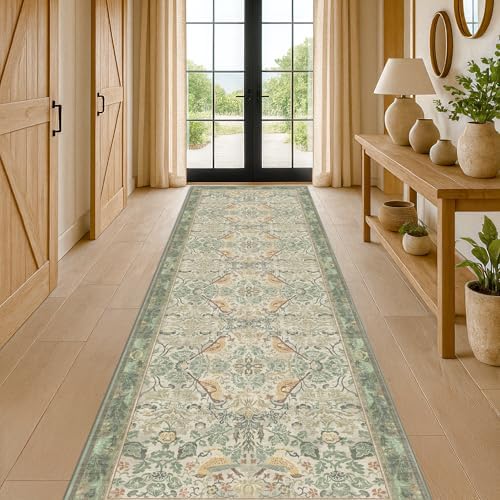 12ft Extra Long Vintage Runner Rugs for Hallways - 3x12 Wide Kitchen Runners, Entryway Rug, Sage Boho Design with Flowers and Leaves, Washable Non Slip Low Pile - Image 6