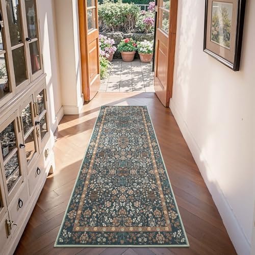 jinchan 2x6 Washable Hallway Runner Rug, Floral Non-Slip, Dark Blue - Image 2
