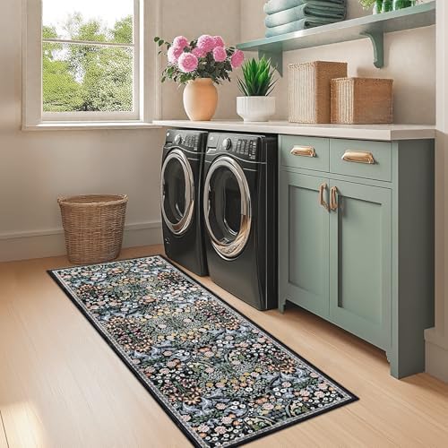 PLHXFR 2x5 Washable Runner Rug：Floral Indoor Kitchen Carpet Dark Black - Image 4