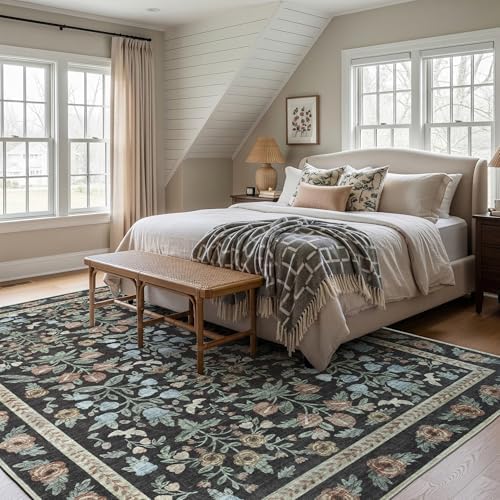 SparkleGaze Vintage Gold Black Floral Living Room Rug, 8x10 Washable Area Rugs for Dining Room Under Kitchen Table, Bedroom, Farmhouse Forest Ultra Soft Low Pile Stain Resistant Non-Slip Large Carpet - Image 4
