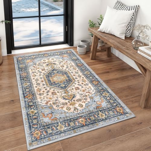 KUTA Vintage Rug 3x5 Area Rugs for Entryway Ivory Blue Washable Kitchen Rug by KUTA