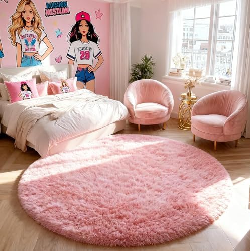 PAGISOFE Ultra Soft Pink Round Rug for Girls Bedroom 8Ft,Shaggy Circle Rugs for Girls Room, Large Fluffy Carpet for Classroom, Shag Circular Rug for Boys Nursery Teen Dorm,Cute Baby Room Decor - Image 4
