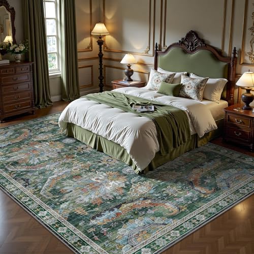 5x7 Area Rugs, Vintage Retro Soft Washable Rug, Non-Slip Low Pile Rugs for Living Room, Bedroom, Dining Room, Stain Resistant Home Decor Rug (Green) - Image 3