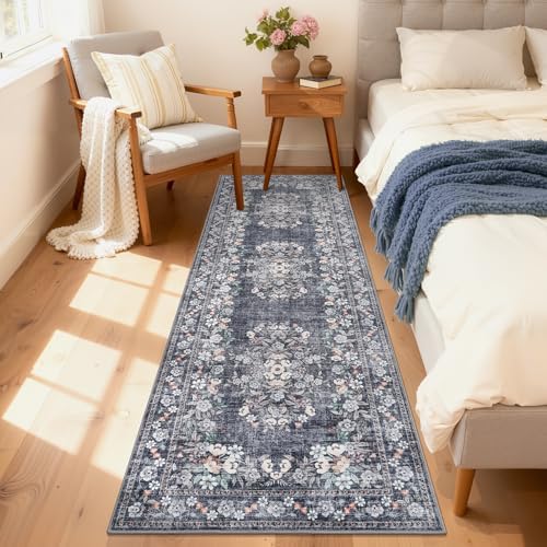 GarveeHome 2x10 Blue Runner Rug for Bath Distressed Leaf Flower Long Rug by GarveeHome