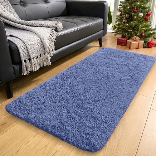 OLANLY 2x8 Machine Washable Runner Rugs for Hallway, Soft Fluffy Shaggy Bedside Rugs for Bedroom, Living Room, Indoor Floor Carpet for Kids Girls and Boys, Home Decor Aesthetic, Denim Blue - Image 3