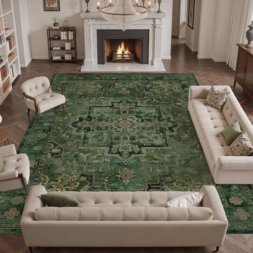 Extra Large Area Rugs 10x14 for Living Room, Dark Green Farmhouse Distressed Printed Carpet Rugs for Bedroom Low Pile Thin, Non Slip Washable Neutral Boho Rug for Dining Room by Jainmy