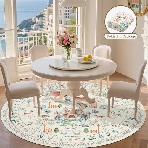 nesrt Washable Dragon Area Rugs for Living Room 6Ft Round, Beige Soft Modern Bedroom Rugs Non Slip, Thin Animal Print Forest Dining Room Floor Carpets for Kids Nursey Playroom Home Office Decor - Image 3