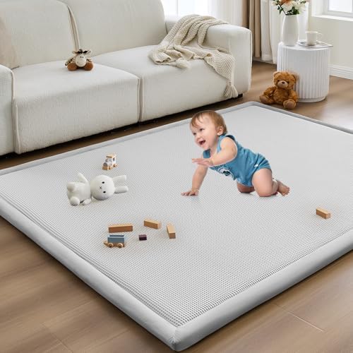 Baby Play Mat for Floor Tummy Time Nursery Rug Muscle Area Rug Playroom Rug 59x79" Elastic Foam 1.3" Thick Crawling Mat for Babies,Toddlers, Infants,Kids(Plaid Light Grey) by ILPEOD