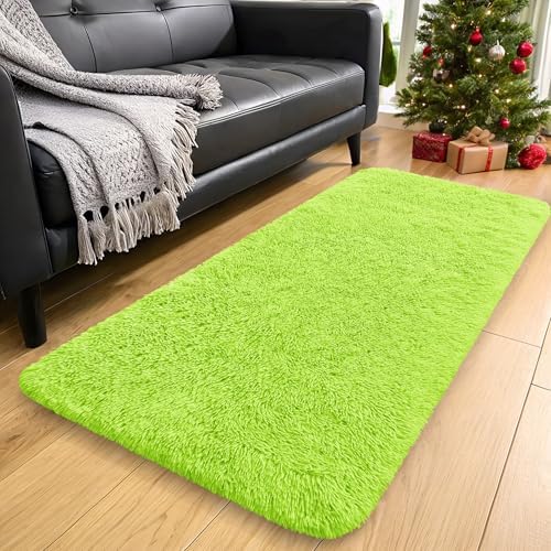 OLANLY 2x4 Machine Washable Runner Rugs for Hallway, Soft Fluffy Shaggy Bedside Rugs for Bedroom, Living Room, Indoor Floor Carpet for Kids Girls and Boys, Home Decor Aesthetic, Lime Green by OLANLY