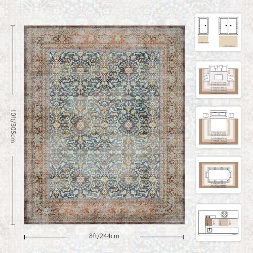 8x10 Area Rugs for Living Room - Washable Vintage Retro Large Rug, Soft Ultra Thin Non Slip Low Pile Distressed Boho Traditional Carpet for Bedroom Dining Room Home Office, Rust Clay - Image 2