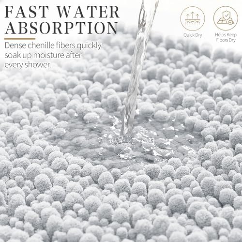 Yimobra Bathroom Rugs Non Slip Washable - Ultra Soft Absorbent Chenille Bath Mat, Quick Dry Shaggy Floor Carpet for Tub Shower, Light Gray Home Decor Accessories, 24x17 Inch - Image 5
