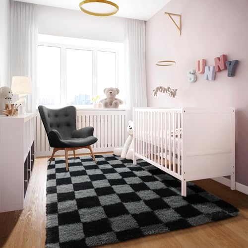 KICMOR Black and Grey Area Rug for Bedroom, 4x6 Fluffy Fuzzy Shag Checkered Rugs Shaggy Carpet for Living Room, Soft Plush Furry Bedside Rug for Kids Boys Room, Guest Room, Home Office Reading Nook - Image 5