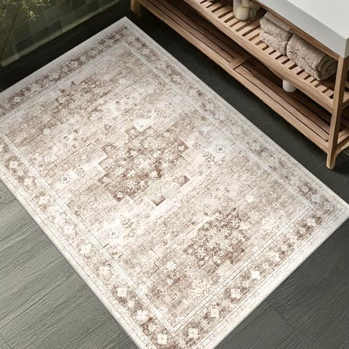 Washable Neutral Farmhouse Large Entryway Rug, 3x4 Area Rugs for Kitchen, Bedroom, Nursery Room, Boho Vintage Floral Non-Slip Throw Rug Low Pile Stain Resistant (3x4 Beige/Latte) - Image 3