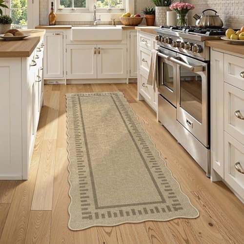 LIVEBOX Scalloped Washable 2x6 Runner Rug, Easy Jute Outdoor Rug Kitchen Tan Rugs for Entryway Hallway, Indoor Non Slip Rugs Farmhouse Geometric Modern Carpet for Laundry Room Bedroom Door Mat Porch - Image 2