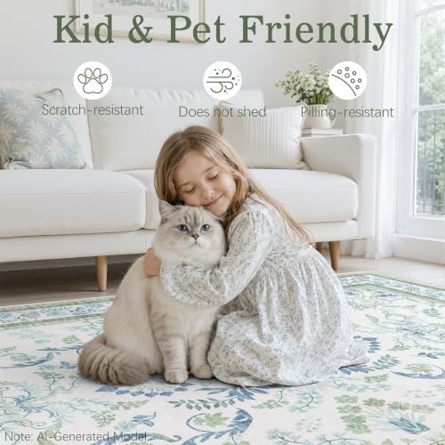 DCX Green and Blue Rug 4x4 Botanical Floral Round Rug - Image 4