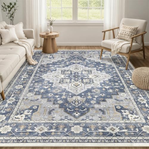 Washable 5x7 Area Rugs: Gray Blue Rug for Living Room by ZUNTKON