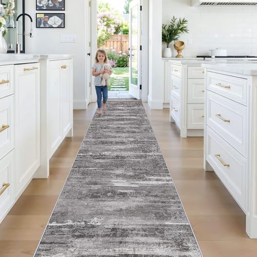 2'6x12 Washable Runner Rug for Kitchen - Modern Abstract Hallway Entryway Carpet with Non Slip Backing Durable Low Pile Bedroom Rugs Indoor Ultra Soft Home Decor Floor Mat for Bathroom 2'6x12 Black - Image 2