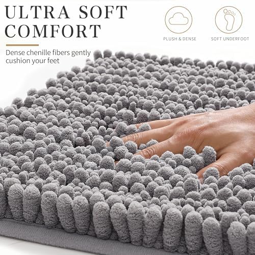 Yimobra Bathroom Rugs Non-Slip Washable – Extra Soft & Absorbent Chenille Bath Mat, Quick-Dry Plush Shaggy Floor & Vanity Bath Rugs for Tub & Shower, Modern Home Decor Accessories, 24 x 17, Grey - Image 3