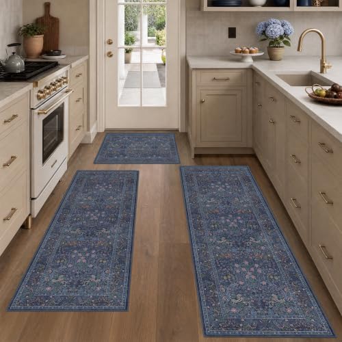 JTJ Kitchen Rugs Set of 3, Blue Vintage Kitchen Mats, Washable Runner by JTJ