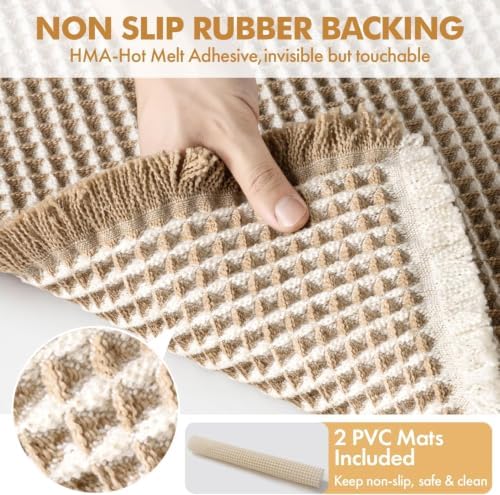 MIULEE Set of 2 Waffle Bathroom Rugs Brown&White Bath Mat 17"x24"+20"x47" - Image 4