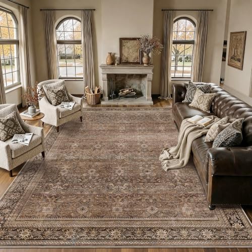 Schweek 10x14 Washable Area Rug Brown Neutral Vintage Distressed Large Rugs by Schweek