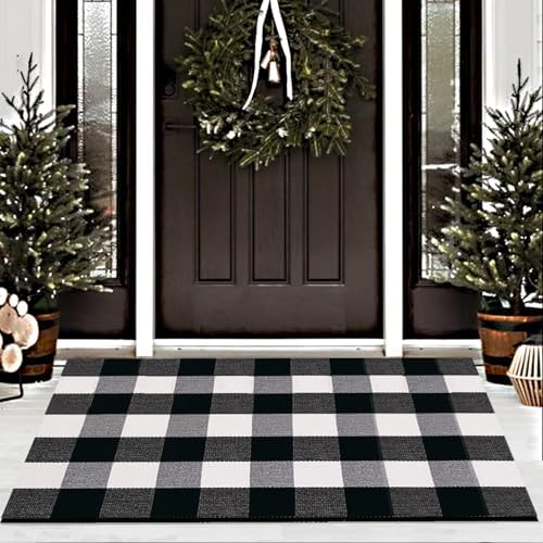Cotton Buffalo Plaid Rug, 28x43 Black and White Checkered Outdoor Rug Front Door Decorative Mat, Washable Layered Area Rug for Front Porch, Entryway, Indoor, Patio - Image 4
