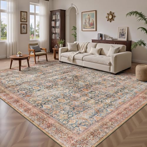 9x12 Area Rugs for Living Room - Washable Vintage Retro Large Rug, Soft Ultra Thin Non Slip Low Pile Traditional Distressed Boho Carpet for Bedroom Dining Room Home Office, Rust Clay - Image 3