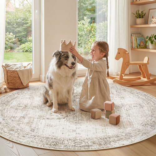 Round Rugs 6ft Washable Rug, Vintage Boho Medallion Rugs Non-Slip Soft Low Pile Circle Distressed Rug Indoor Retro Carpet for Living Room Bedroom Dining Room Home Office (Taupe, 6' Round) - Image 2