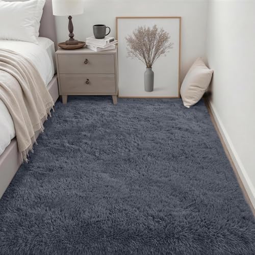 Area Rug Living Room Bedroom: 6x9 Fluffy Plush Shag Carpet Grey - Image 3