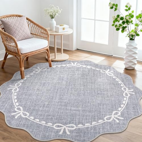 GarveeHome 5ft Round Rugs Washable Scalloped Bow Rug for Bedroom, Grey - Image 2