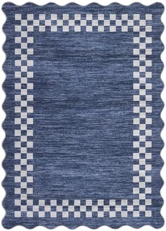 Small Area Rug 2x3 Modern Checkered Entry Rug Solid Color Scalloped Kitchen Rugs Washable Bedroom Doormat Non Slip Stain Resistant Bordered Throw Carpet for Living Room Nursery Laundry, Blue - Image 3