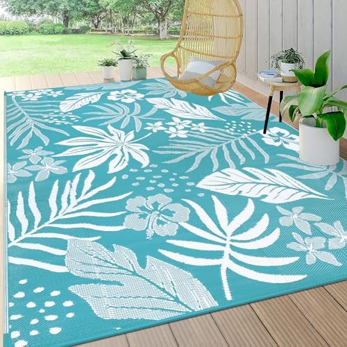 Pauwer Waterproof Outdoor Rug 9x12, Plastic Straw Patio Rug, Floral Teal by Pauwer