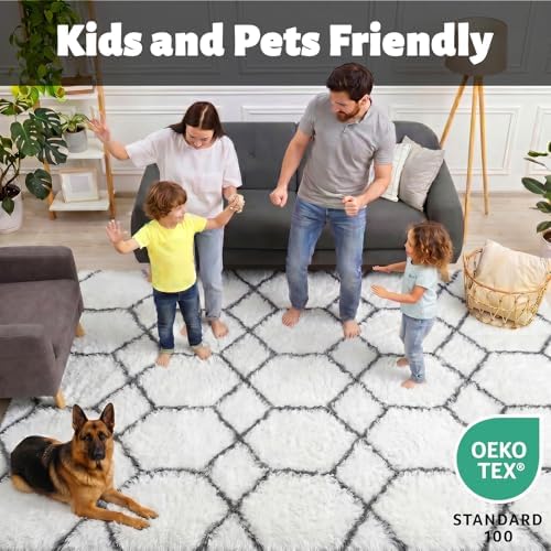 7x9 Area Rugs for Living Room Bedroom, Fluffy White and Grey Geometric Rug - Image 3