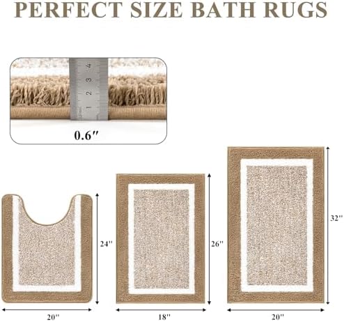 Pauwer 3 Piece Bathroom Rug Set, Non Slip Washable Bath Mat, Khaki - Image 2