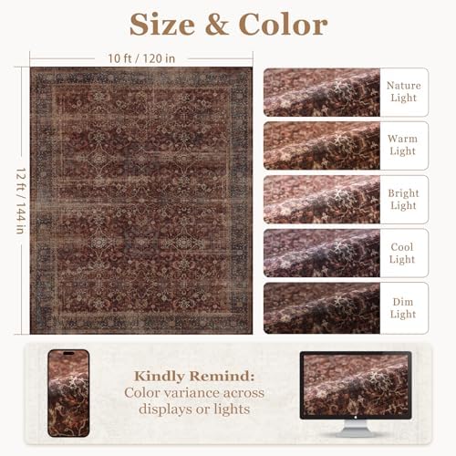 Brick Red Big Rug 10x12, Vintage Farmhouse Distressed Carpet Large Size 10x12 for Living Room Bedroom, Washable Non Slip Low Pile Thin Print Room Rug for Dining Room Family Room - Image 2