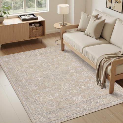 RCTJHOME 4x6 Beige Grey Vintage Floral Washable Area Rug Non-Slip Carpet by RCTJHOME