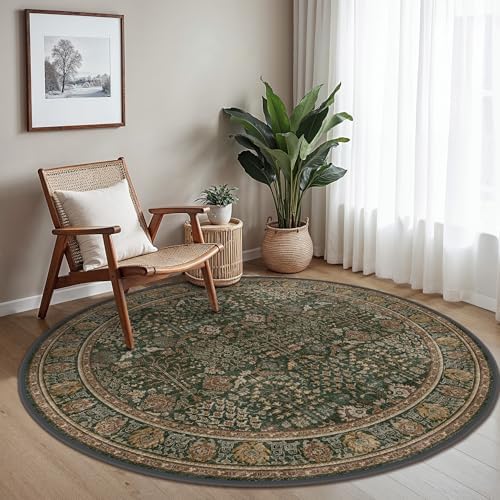 Bavni 5ft Round Area Rug 5x5, Washable Non Slip, Dark Green Brown by BAVNI