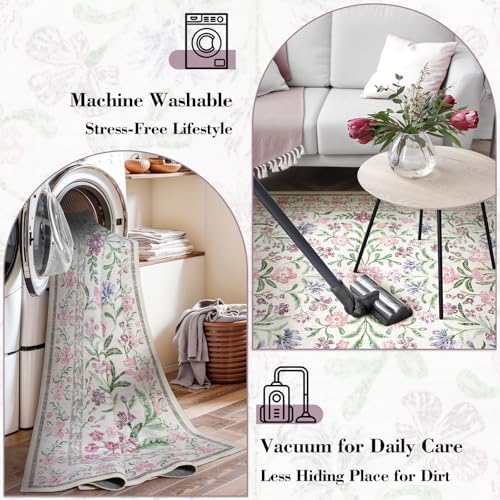 Wonnitar Floral Washable Round Rugs 6ft, Purple Circle Rugs for Bedroom Girls Dorm, Ultra-Thin Non Slip Boho Carpet for Nursery Girls Room Decor Living Room Playroom, Light Purple/Pink - Image 5