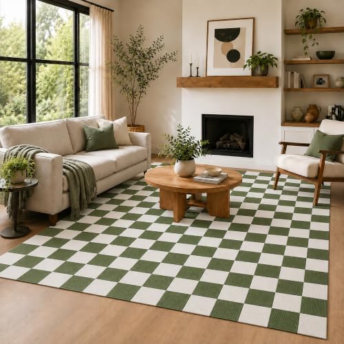 5x7 Checkered Area Rug for Living Room, Soft Low Pile Dark Green rugs by Unknown