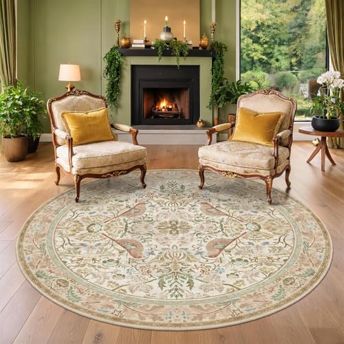 Hazo Haus Beige 5ft Round Rug for Living Room - Boho Floral Circle Area Rug for Bedroom Kids Room, Home Office, Washable Low Pile Non Slip, Vintage Taupe Botanical & Bird Pattern by HazoHaus