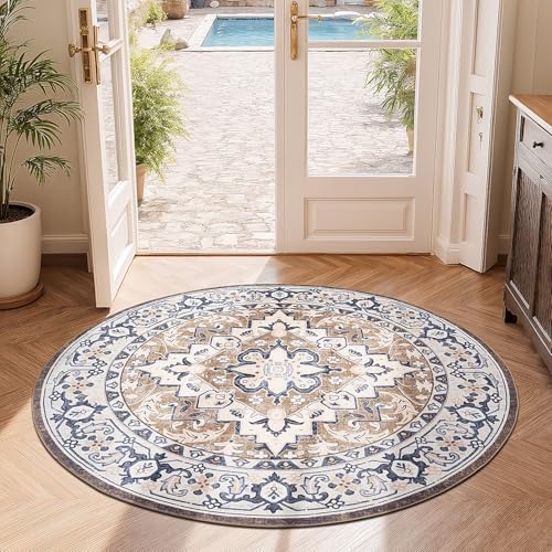 Lofus 4ft Round Area Rugs for Living Room, Vintage Boho Carpet Floral Brown - Image 3