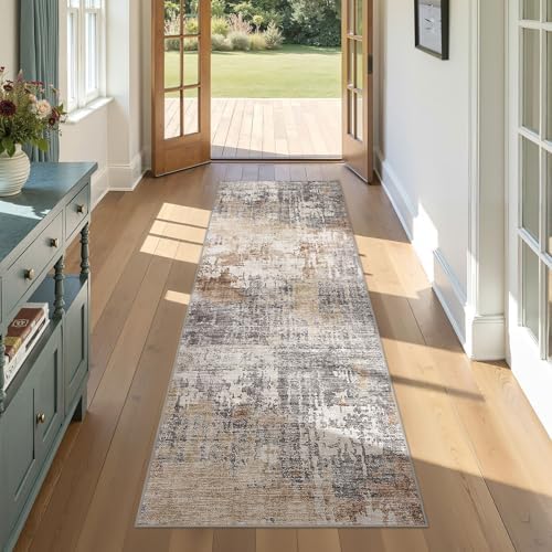DMOYEST Washable Runner Rug for Hallway: 2x6 Neutral Modern Abstract Low Pile Area Rug with Non-Slip Backing - Carpet for Bedroom Kitchen Laundry Entryway Bathroom Indoor - Grey Brown by DMOYEST