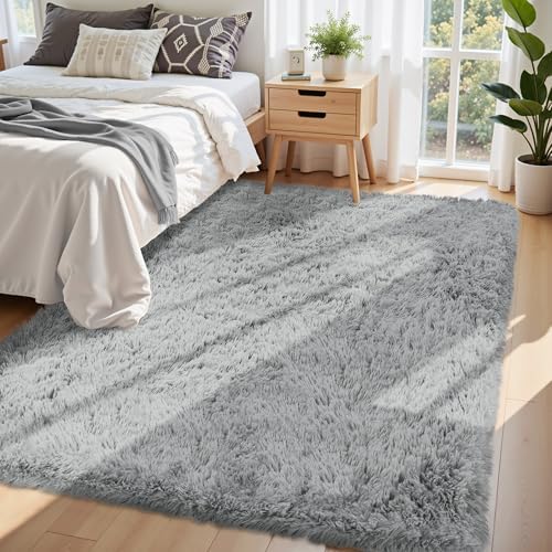 5x7 Area Rug for Living Room,Light Gray Fluffy Shag Non-Slip Bedroom Rugs - Image 2